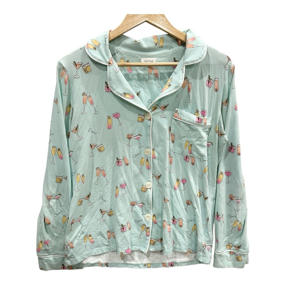 Bed Head Long Sleeve Cheers Beverages Pajama Top Knit‎ XSmall Soft Cozy Aqua